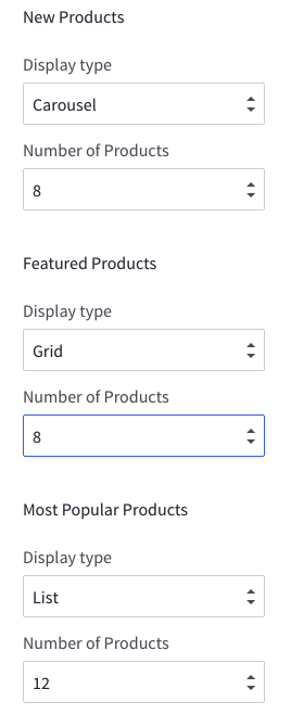 Theme editor homepage products options