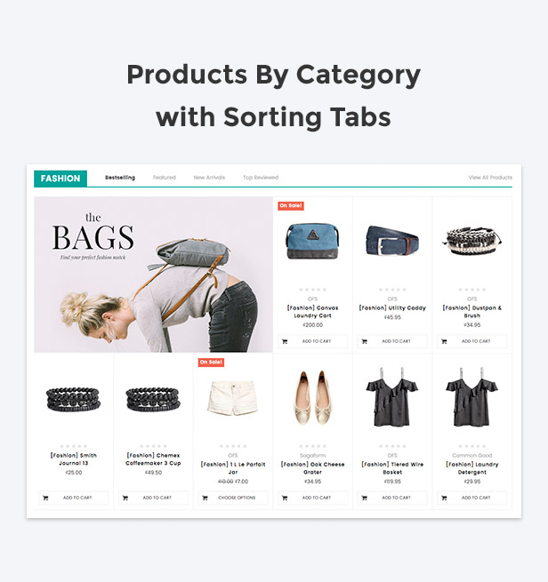 Display products by category with sorting tabs support