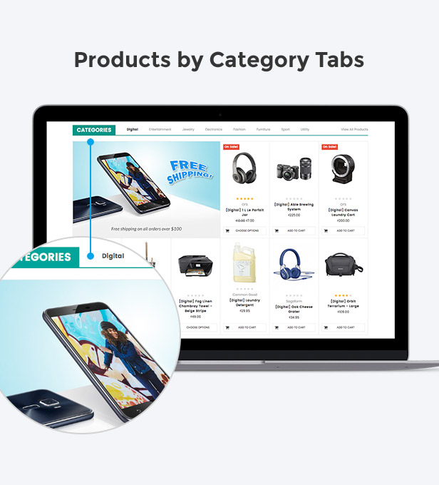 Display products by category with sub-category tabs filter