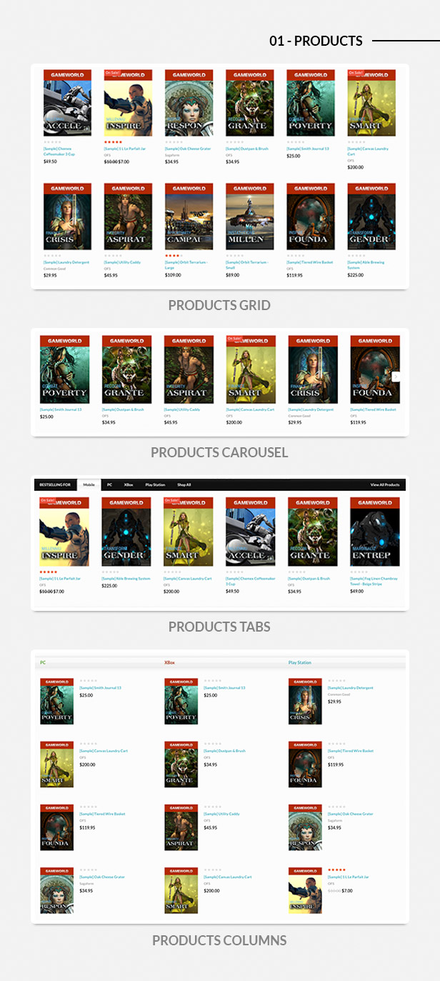 new, bestselling, featured products in grid, list, carousel