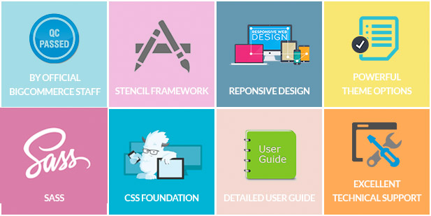 QC Passed, Stencil Framework, Powerful Theme Options, SASS, CSS Foundation