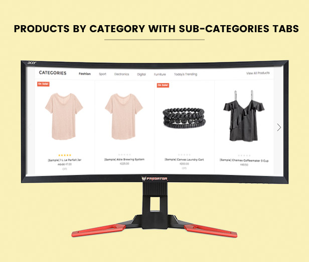 Display products by category with filtering by sub-category tabs