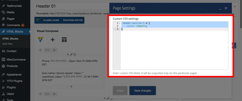 HTMLBlock input custom CSS settings