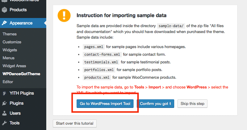 Instruciton importing sample data