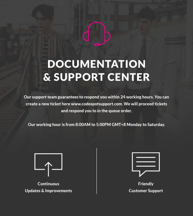 Documentation & Support Center. Our support team guarantees to respond you within 24 working hours. You can create a new ticket here www.codespotsupport.com. We will proceed tickets and respond you to in the queue order. Our working hour is from 8:00AM to 5:00PM GMT+8 Monday to Saturday. Continuous Updates & Improvements. Friendly Customer Support