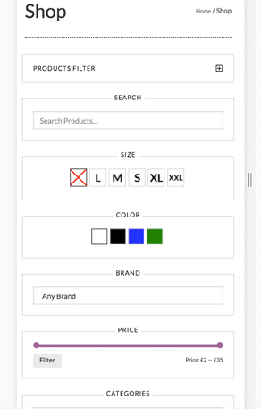 Product filters on mobile screen
